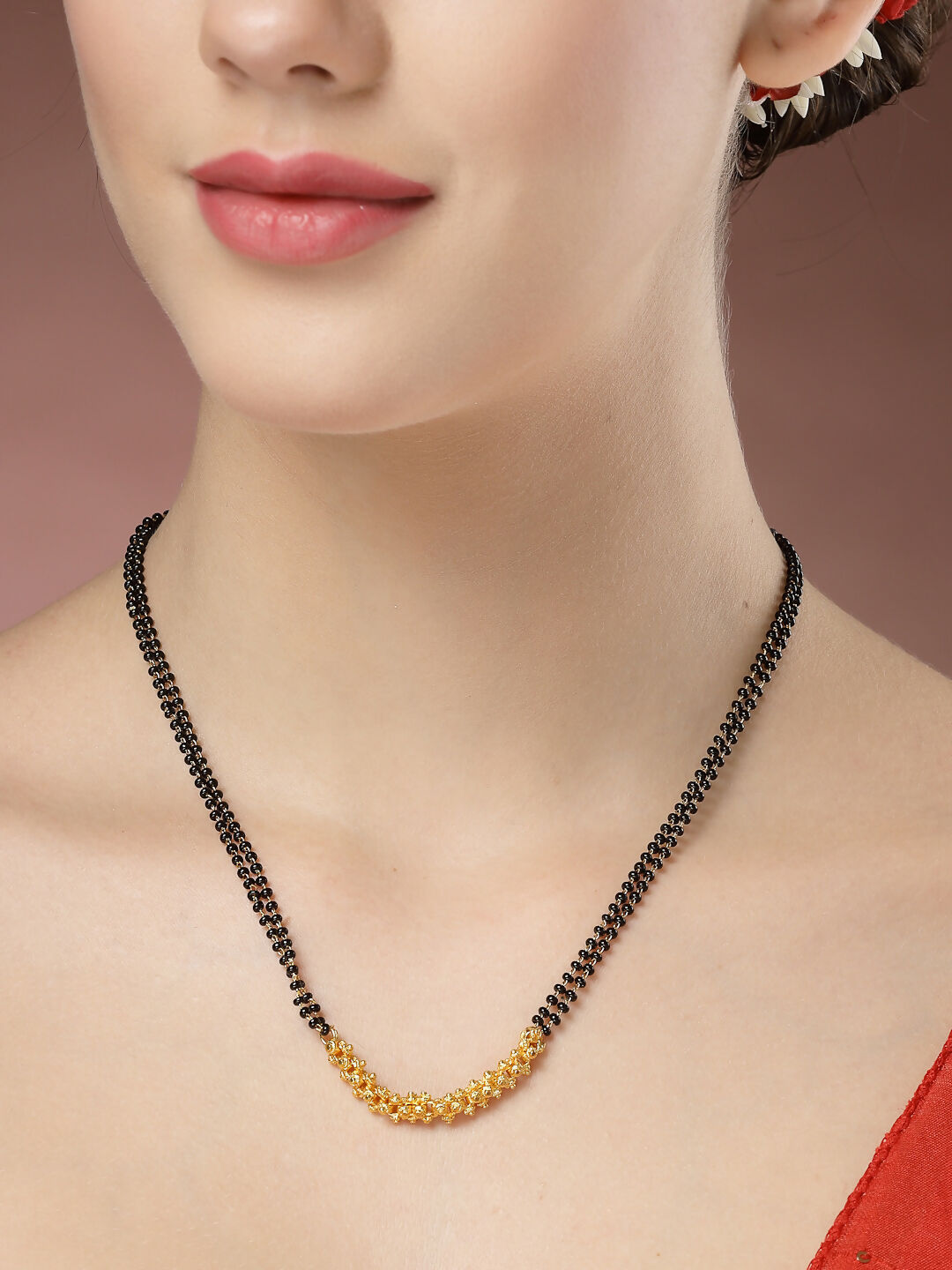 NVR Women's Set of 5 Gold-Polished Black Beaded Mangalsutra