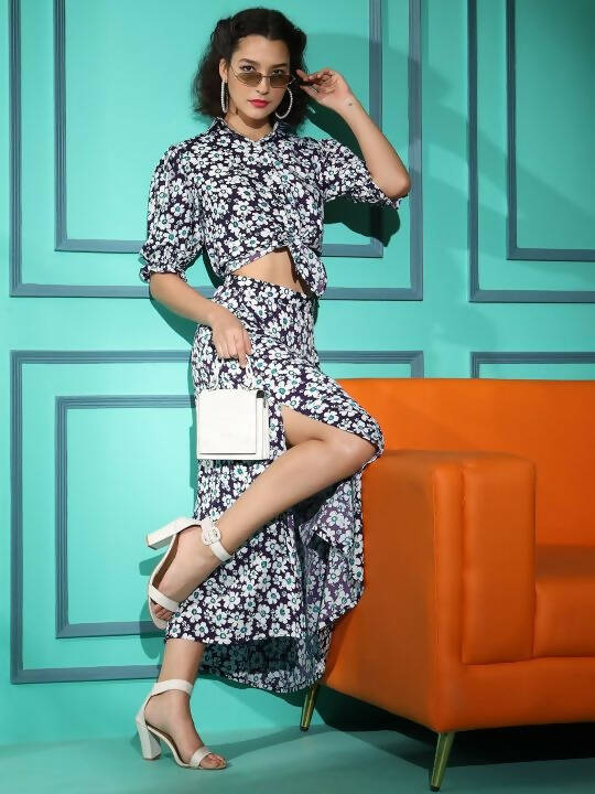 White Crepe Geometric Printed Top with Matching Skirt - Shivani