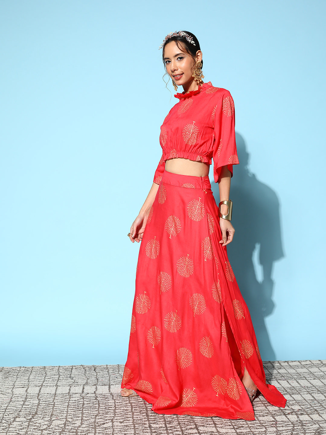 InWeave Women's Red Gold Printed Crop Top With Side Slit Skirt