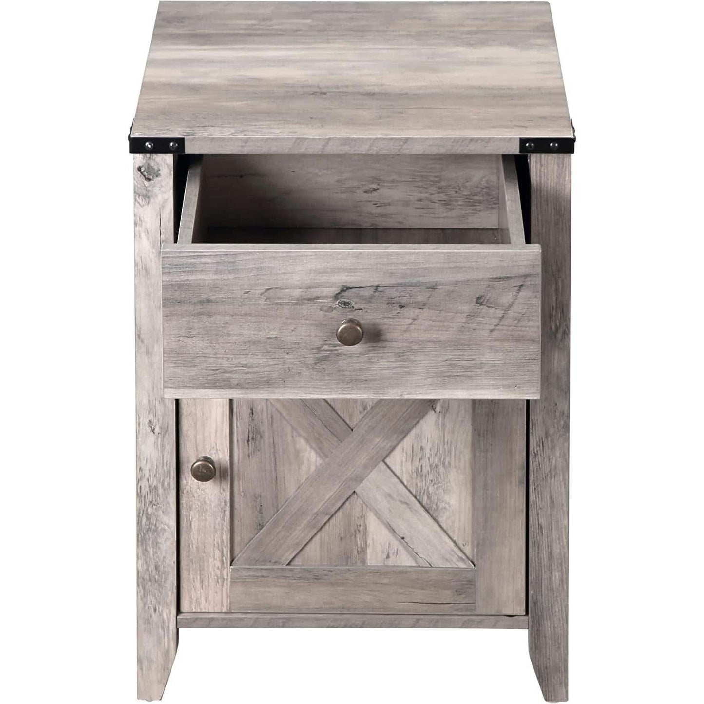 Barnwood Rustic Nightstand With X Shaped Barn Doors Grey
