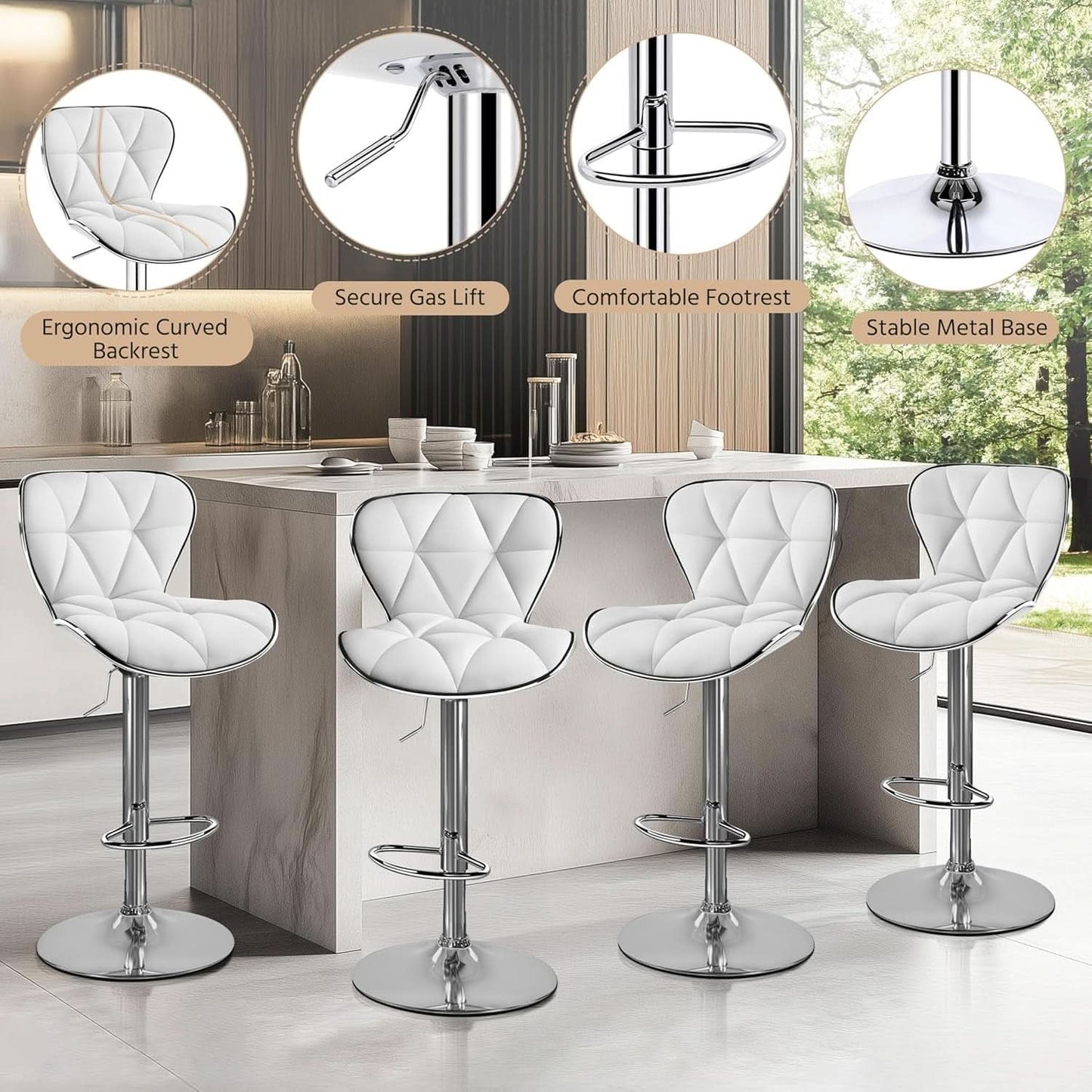 Bar Stools Set Of 2 White PU Leather Adjustable Swivel