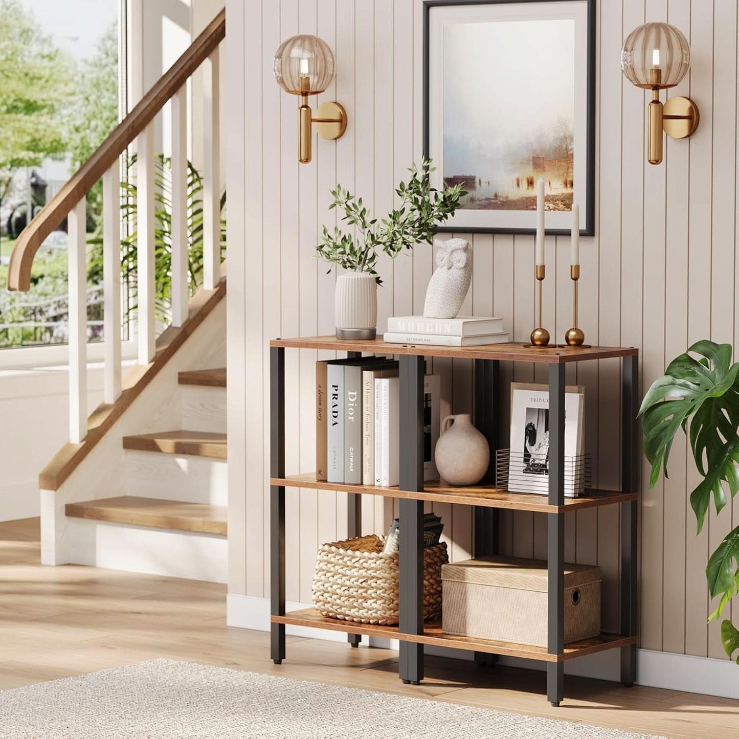 Six Tier Tall Bookshelf Narrow Rustic Brown Bookcase