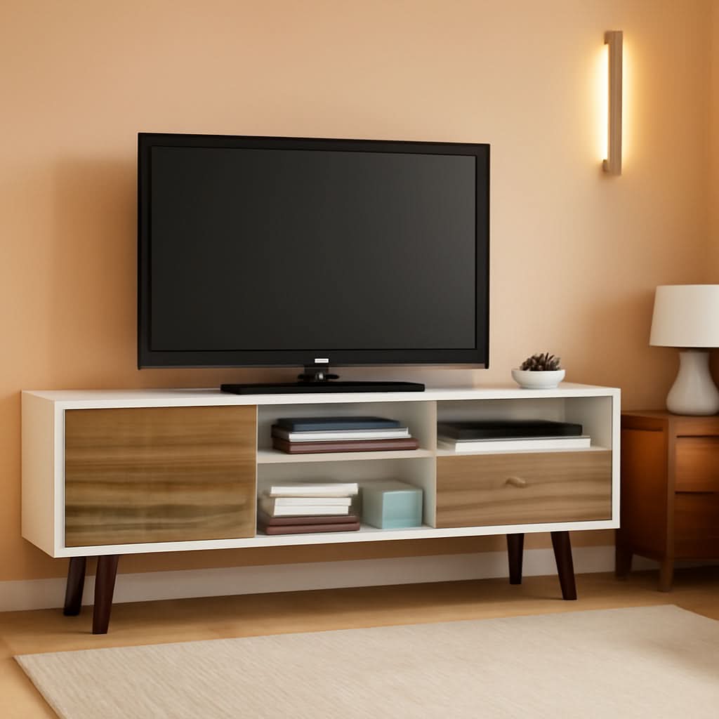 Mid Century TV Stand Solid Wood With Shelves And Cabinet
