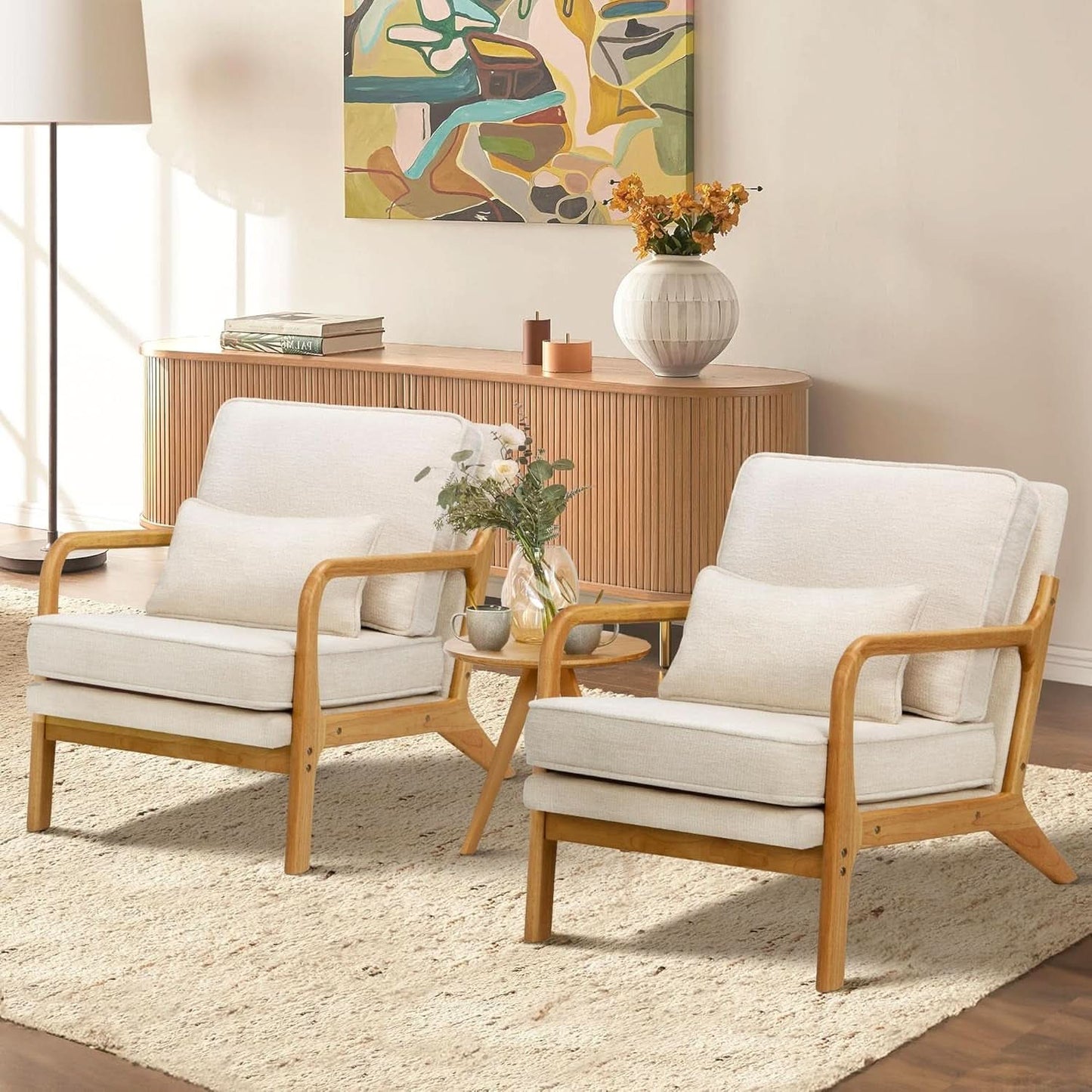 Beige Mid Century Accent Armchair Lumbar Support Pillow