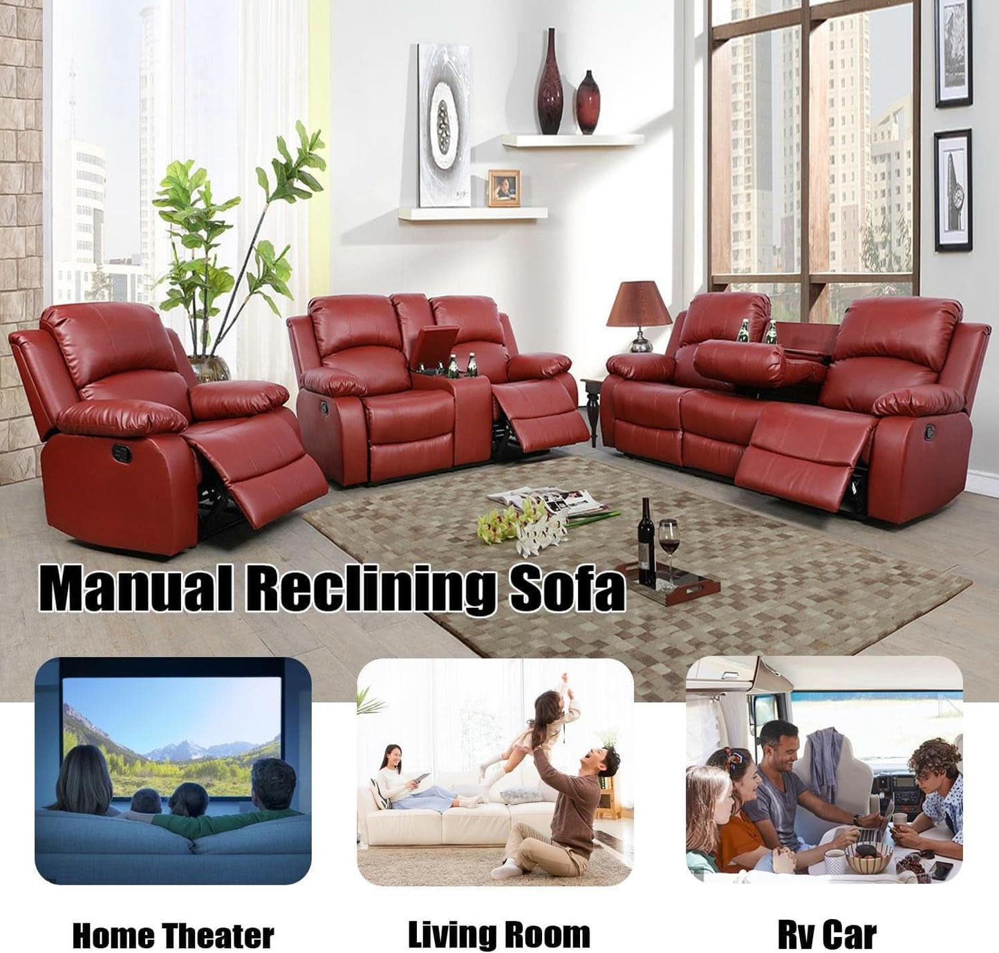 Red Faux Leather Reclining Loveseat With Storage Console