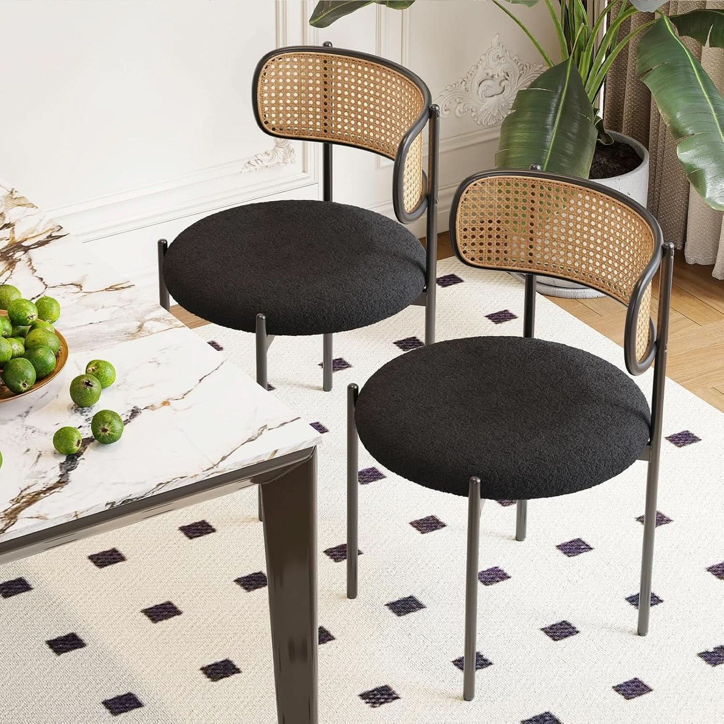 Set Of 4 Dining Chairs Mid Century Modern Rattan Back Upholstered Sherpa Black