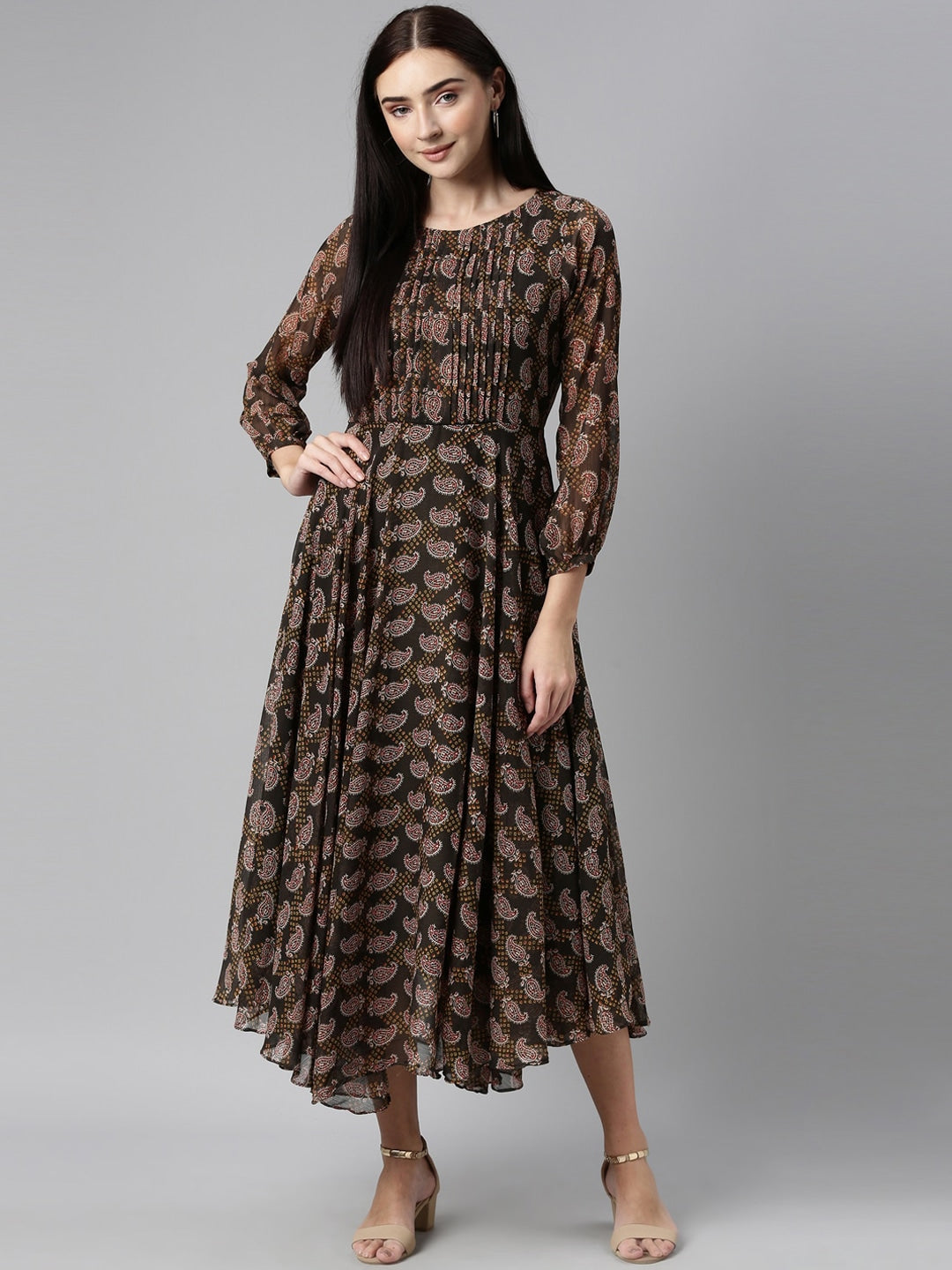 Souchii Olive Green & Red Ethnic Motifs Printed Chiffon A-Line Maxi Dress