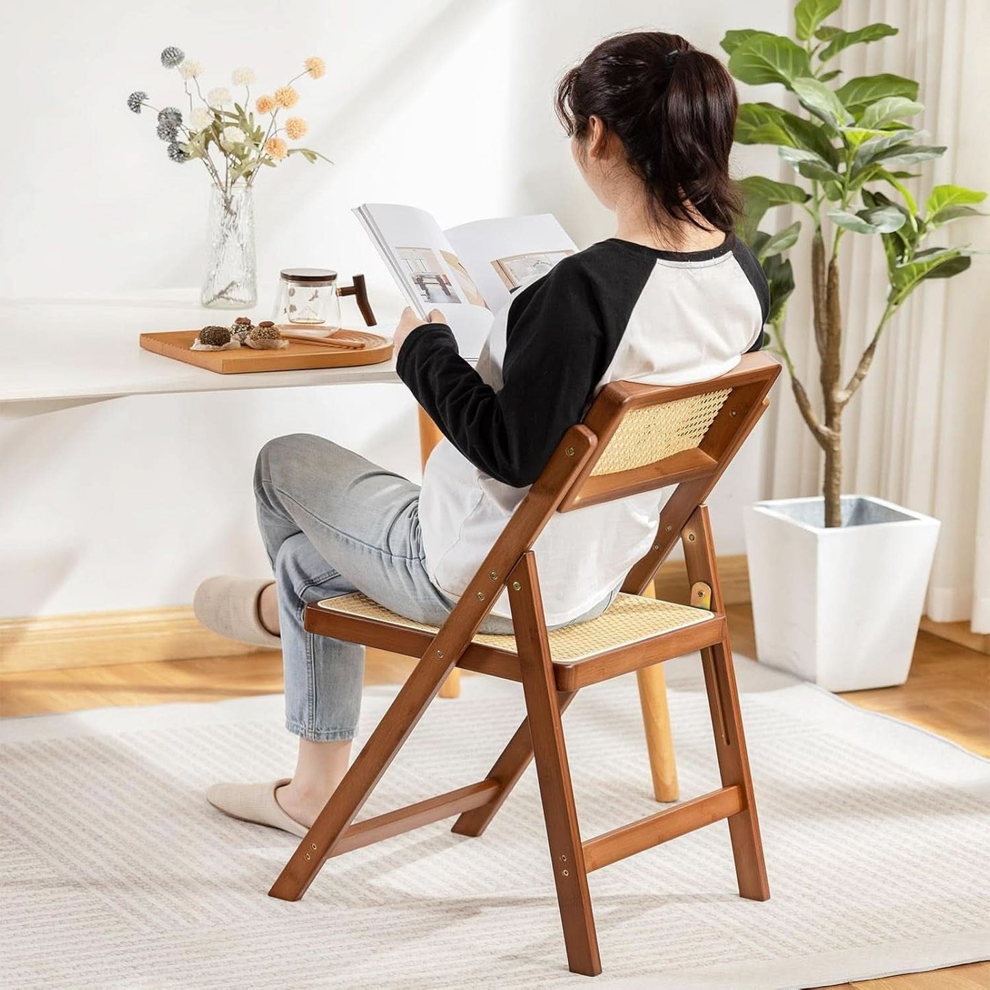 Rattan Folding Chair Walnut Finish Indoor Outdoor Dining