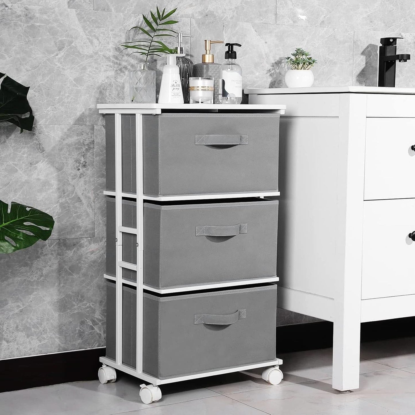 Dresser Tower 3 Drawer Dark Grey With Wood Top And Wheels