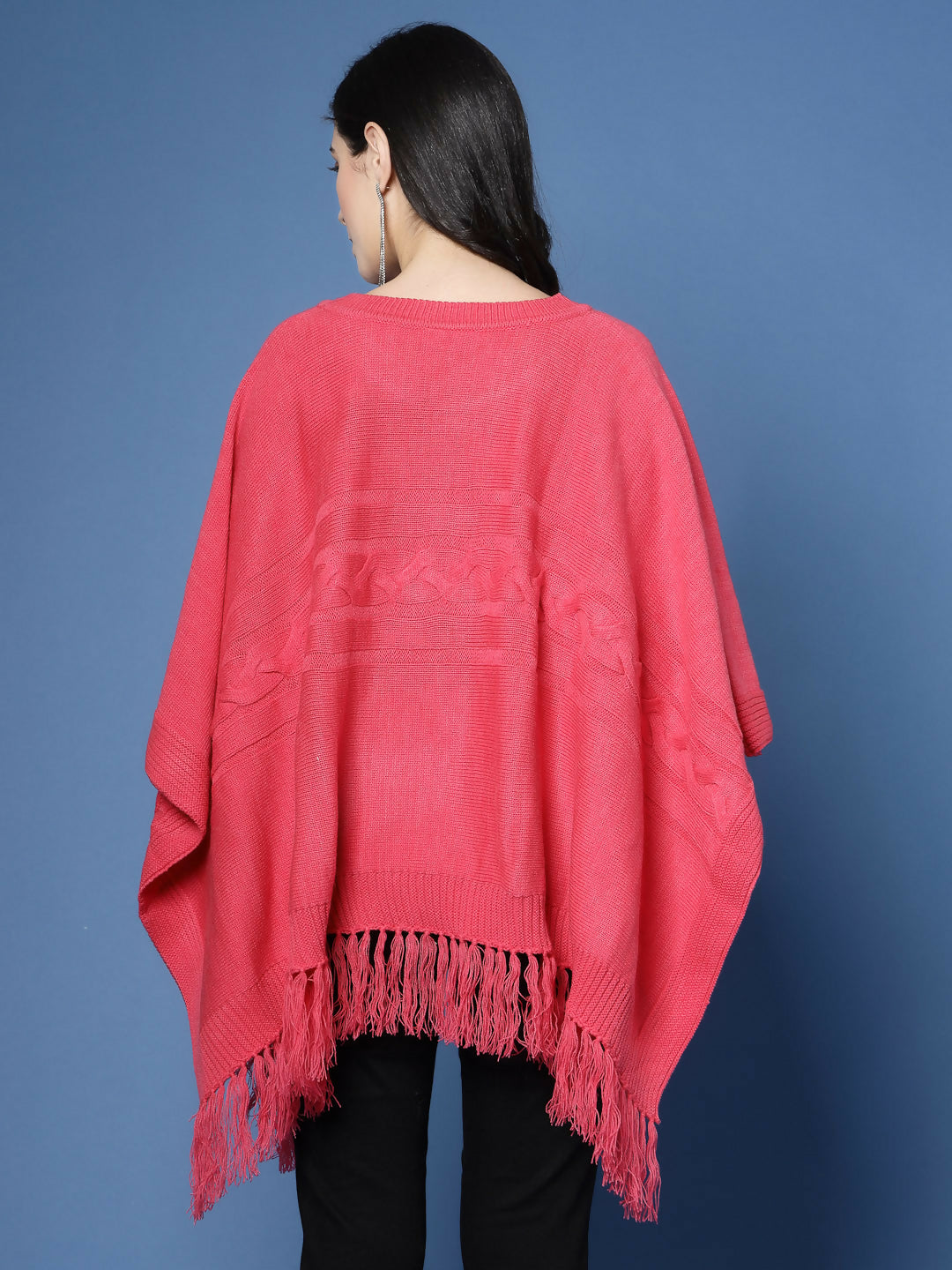 Women Fuchsia Acrylic Self Design Poncho - Wool Trees