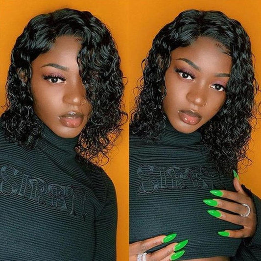 4X4 Water Wave Short Bob Wig 8-12Inches Best Human Hair Wigs For Black Woman Brazilian Pre Plucked Baby Hairs Jerry Curl Wigs Wigs For Black Women Gifts for Girlfriends