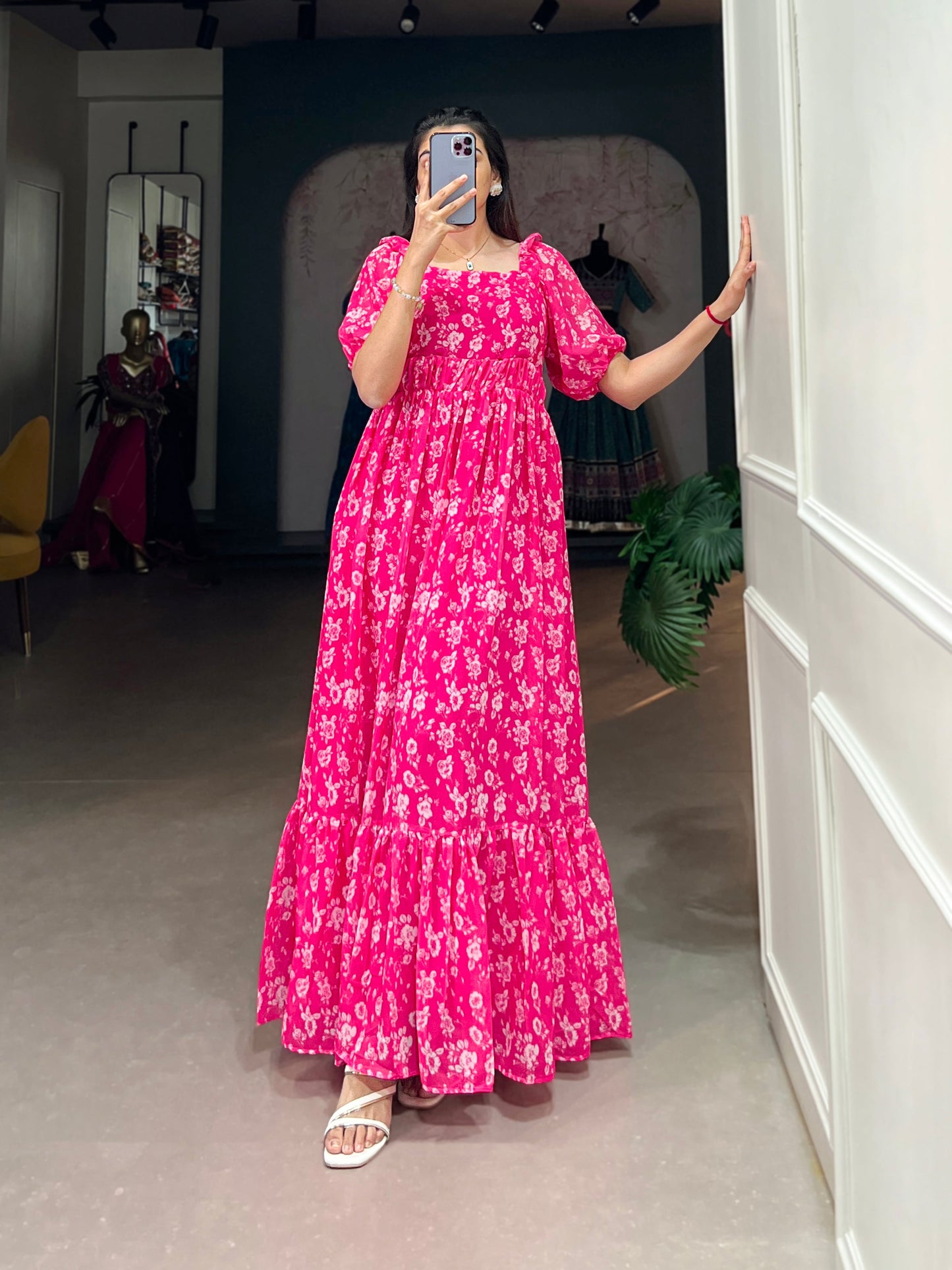 Lorenvalley Pink Georgette Floral Print Gown