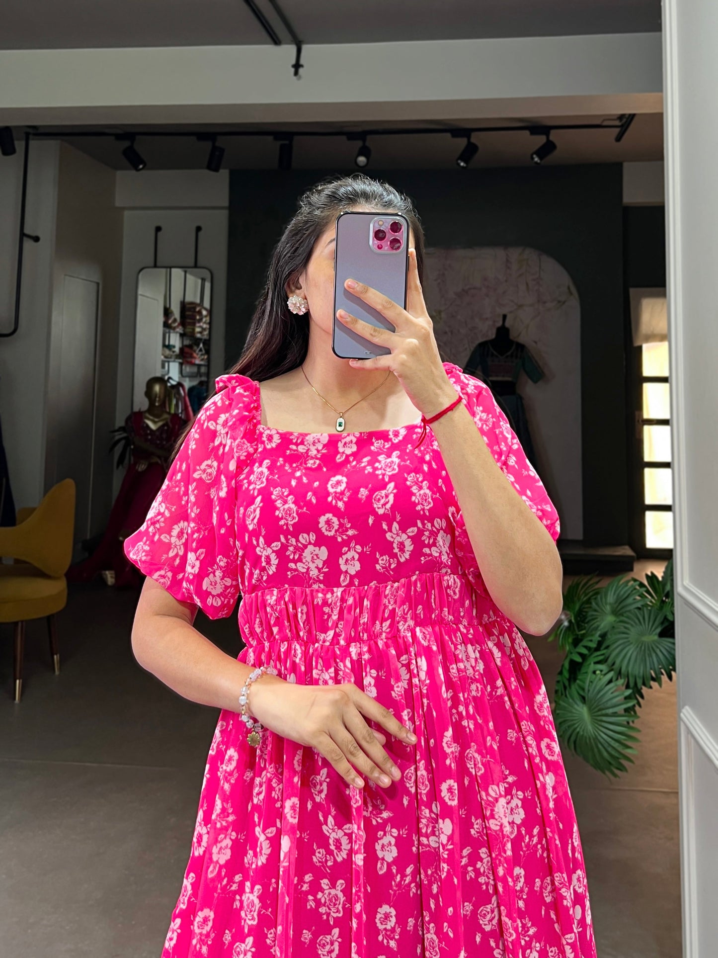Lorenvalley Pink Georgette Floral Print Gown