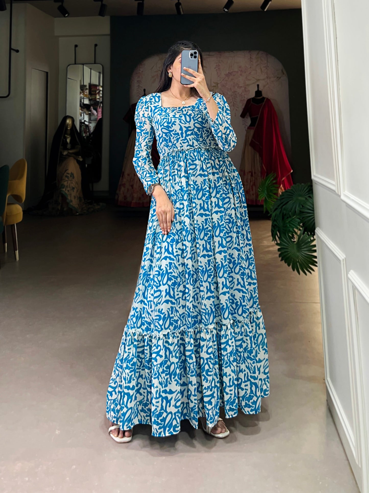 Lorenvalley Blue Georgette Printed Gown