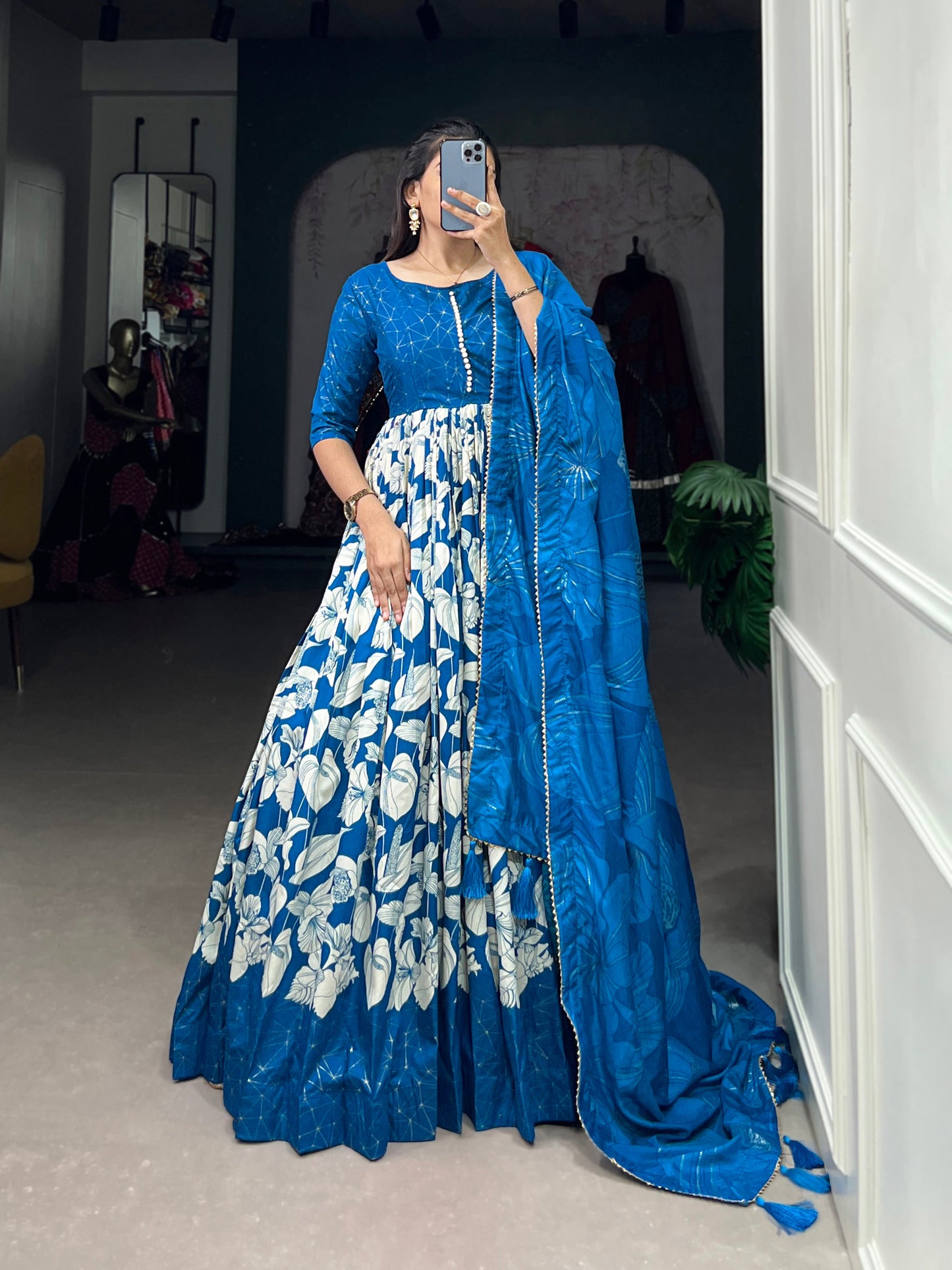 Lorenvalley Blue Tussar Silk Floral Print With Foil Print Gown with Dupatta