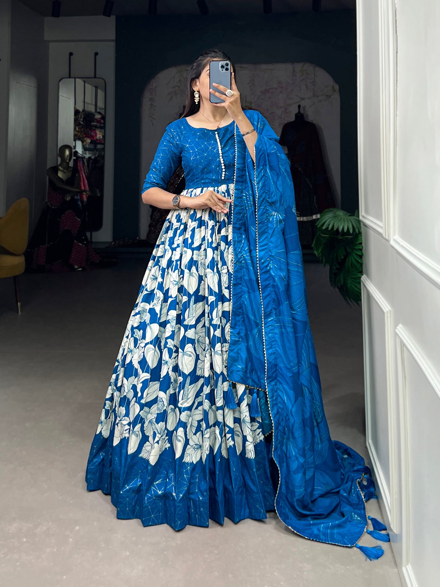 Lorenvalley Blue Tussar Silk Floral Print With Foil Print Gown with Dupatta