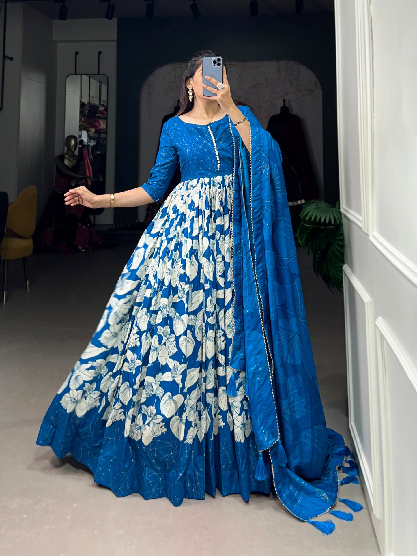 Lorenvalley Blue Tussar Silk Floral Print With Foil Print Gown with Dupatta