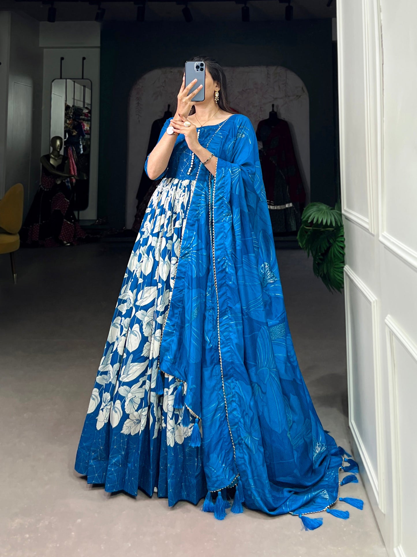 Lorenvalley Blue Tussar Silk Floral Print With Foil Print Gown with Dupatta