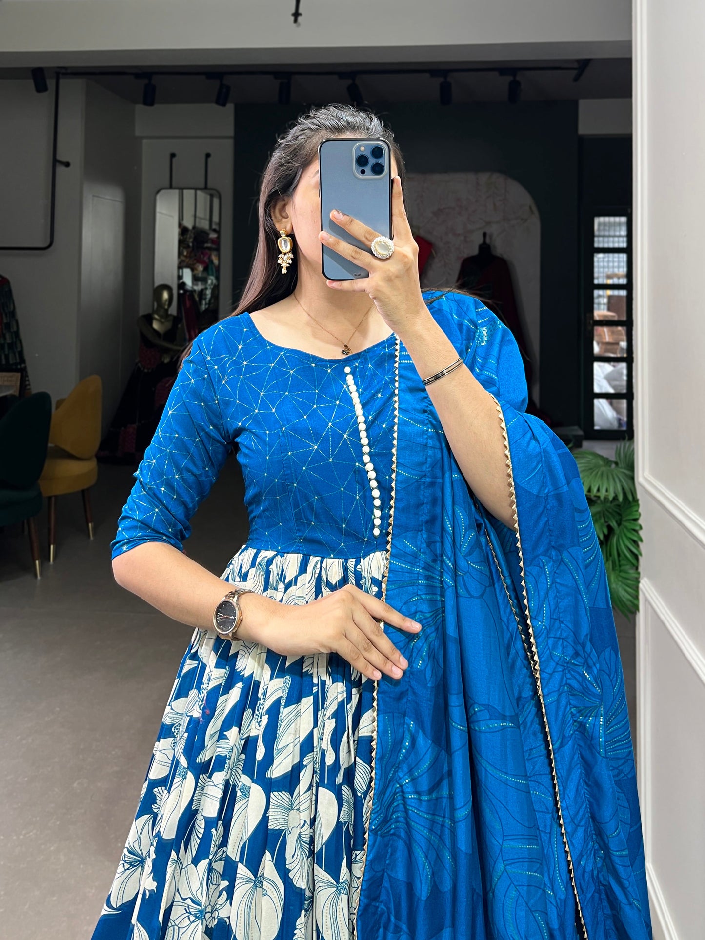 Lorenvalley Blue Tussar Silk Floral Print With Foil Print Gown with Dupatta