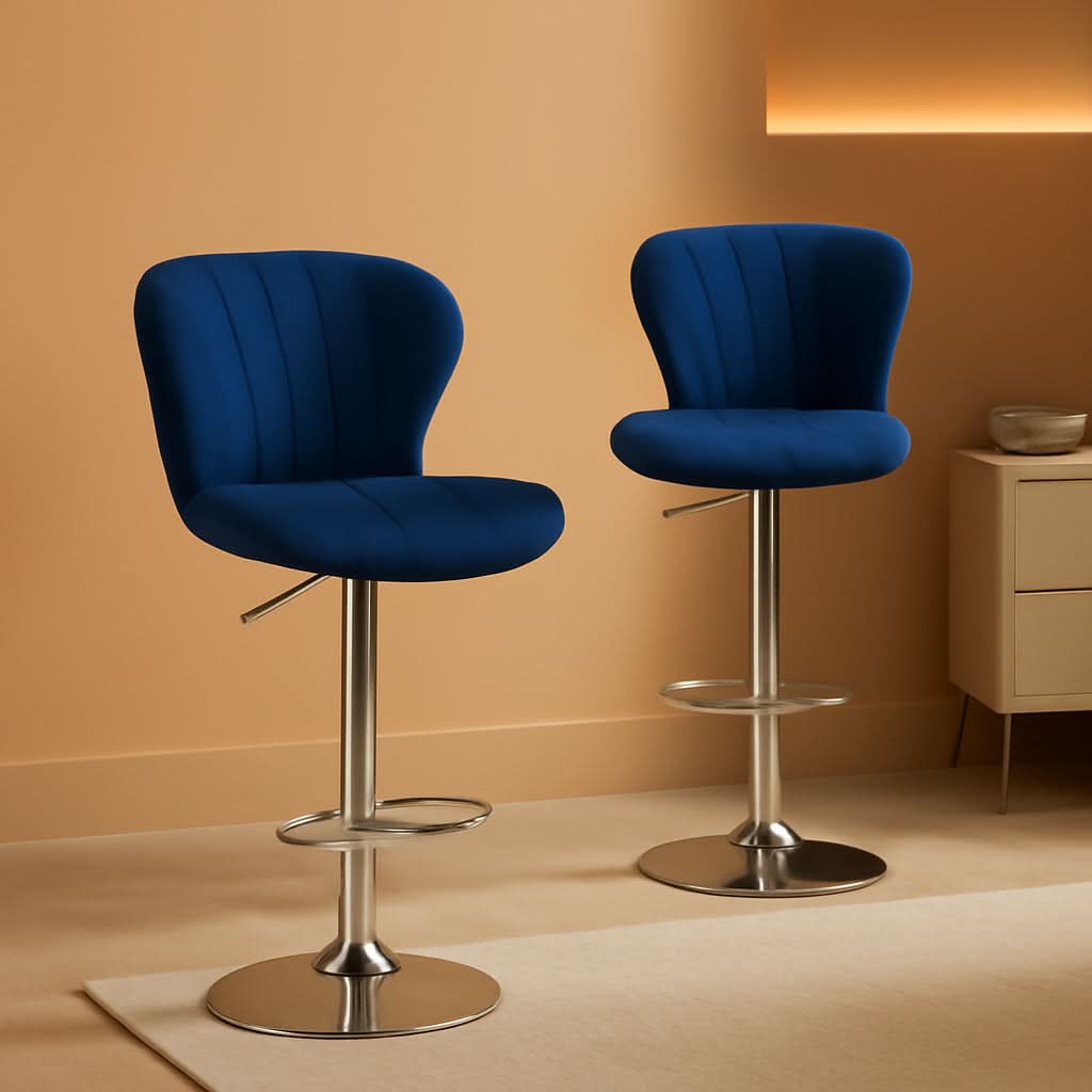 Blue Velvet Adjustable Swivel Bar Stools Set of 2 Modern