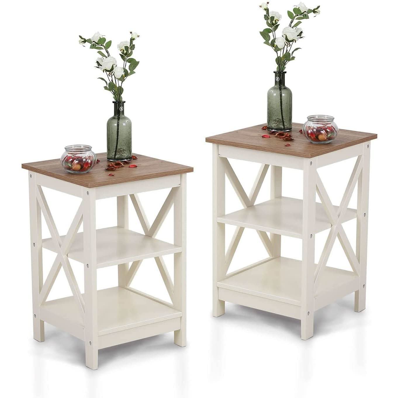 Rustic Ivory End Table Set Of 2 With Shelves 23.6 Inch