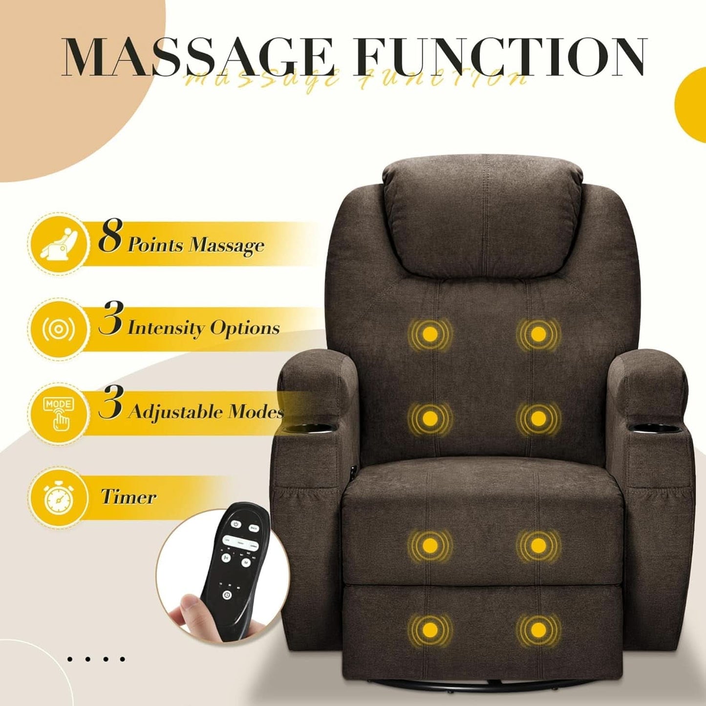 Brown Fabric Recliner Chair With 360 Swivel Massage