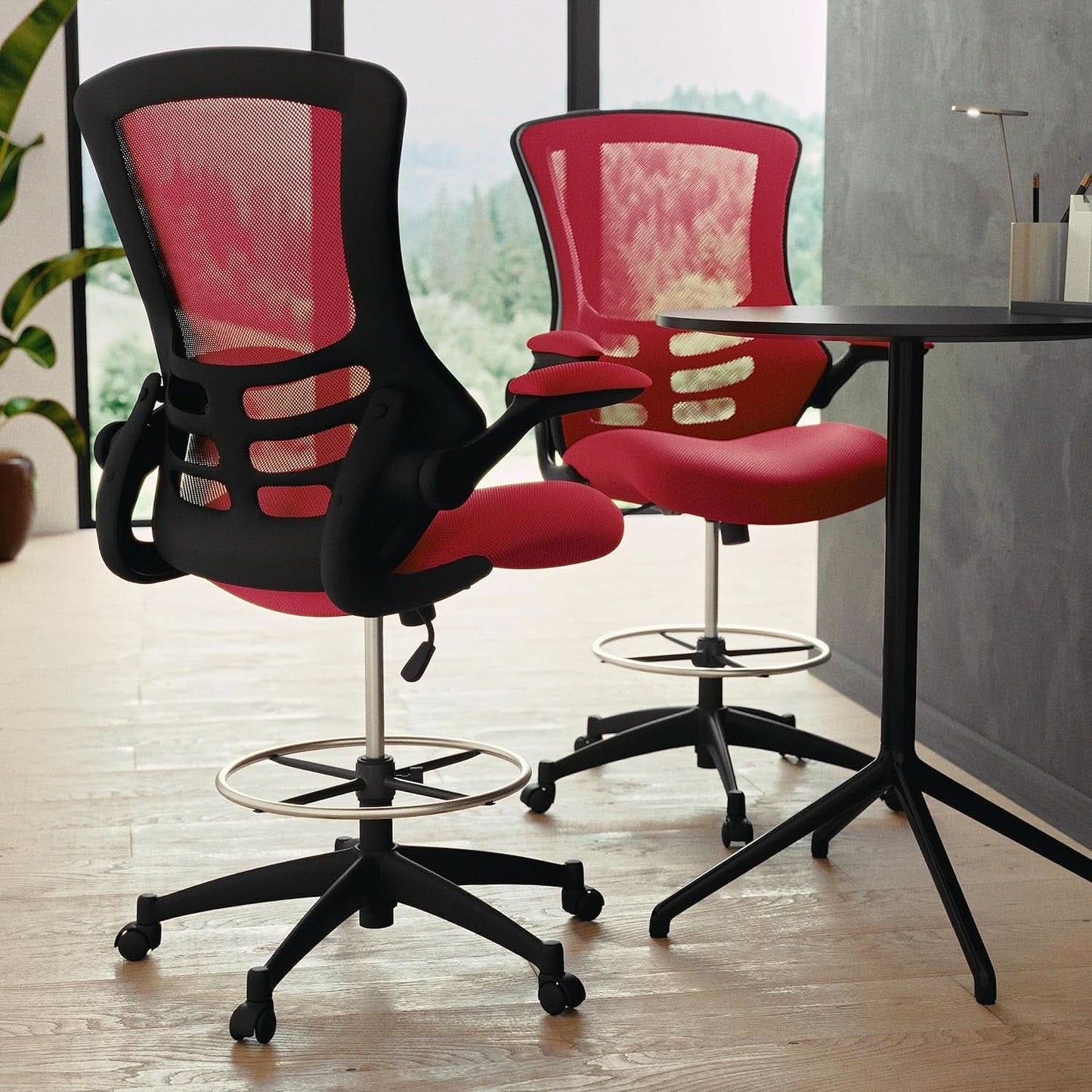 Kelista Red Mid Back Swivel Office Chair With Flip Armrests