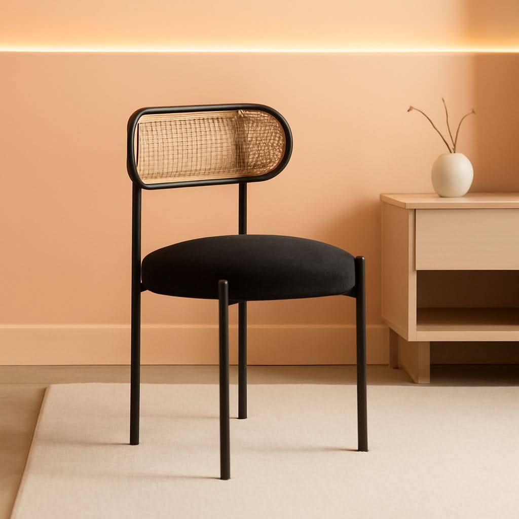 Set Of 4 Dining Chairs Mid Century Modern Rattan Back Upholstered Sherpa Black