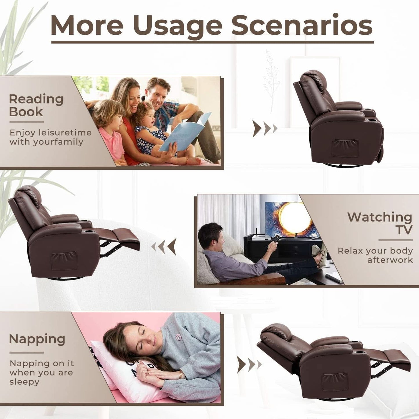 PU Leather Recliner Chair With Massage And Heat Brown