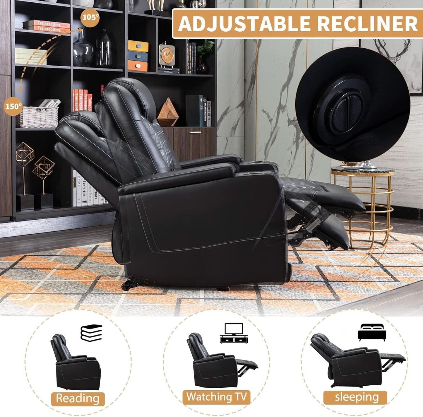 Power Recliner Chair Set Of 3 Black Leather With USB Ports