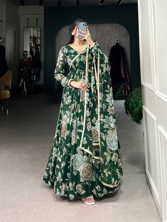 Lorenvalley Green Marbel Fabric Floral Print With Lace Touch Up Gown with Dupatta