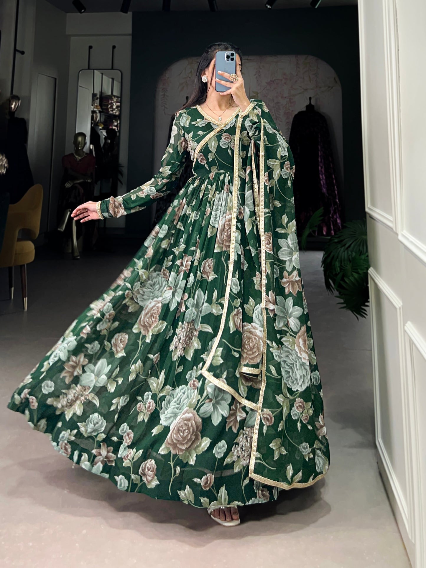 Lorenvalley Green Marbel Fabric Floral Print With Lace Touch Up Gown with Dupatta