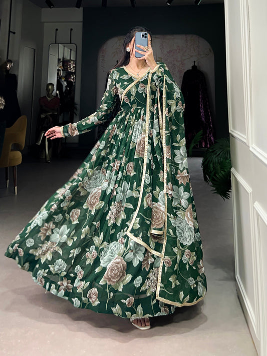 Lorenvalley Green Marbel Fabric Floral Print With Lace Touch Up Gown with Dupatta