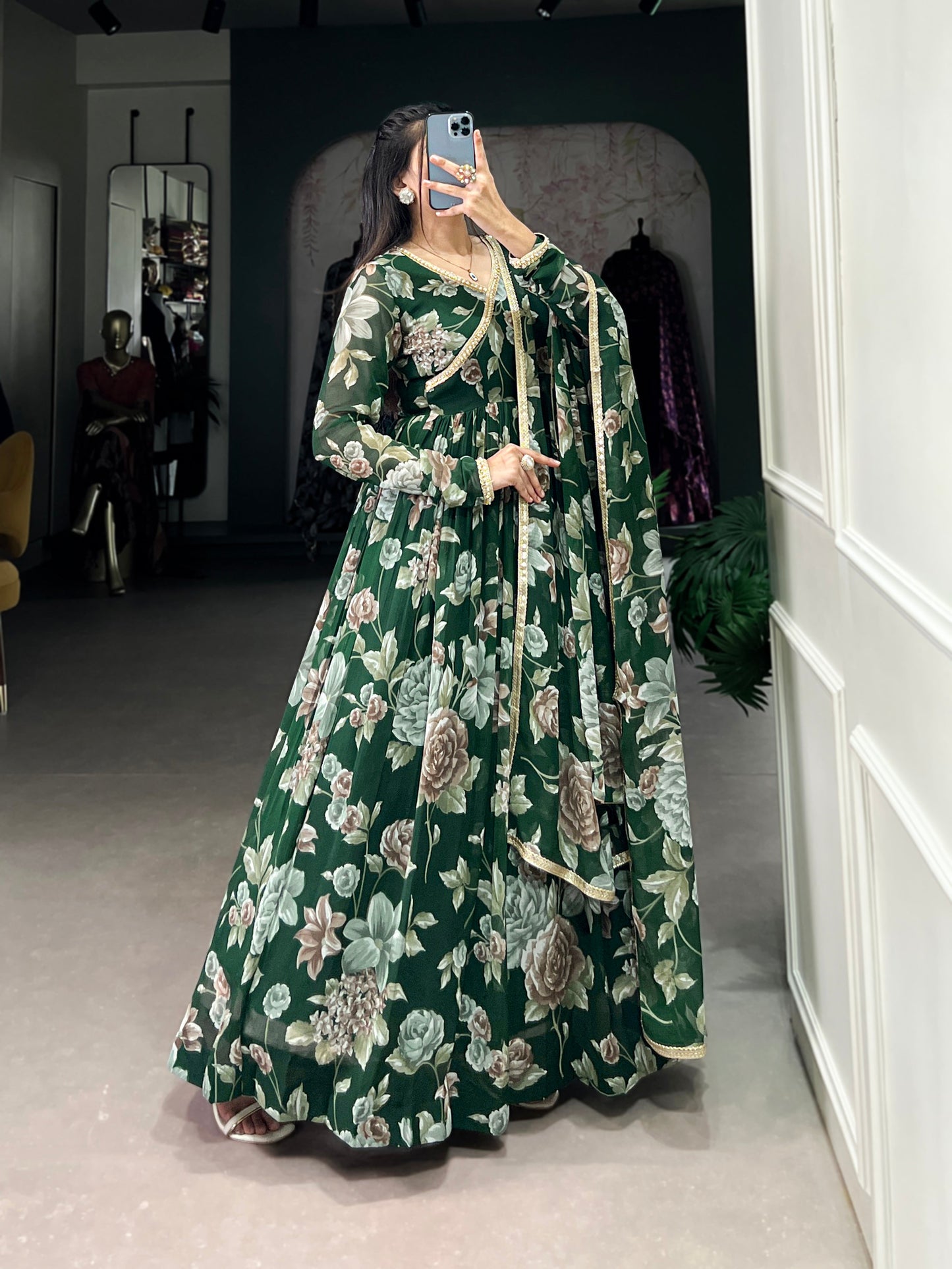 Lorenvalley Green Marbel Fabric Floral Print With Lace Touch Up Gown with Dupatta