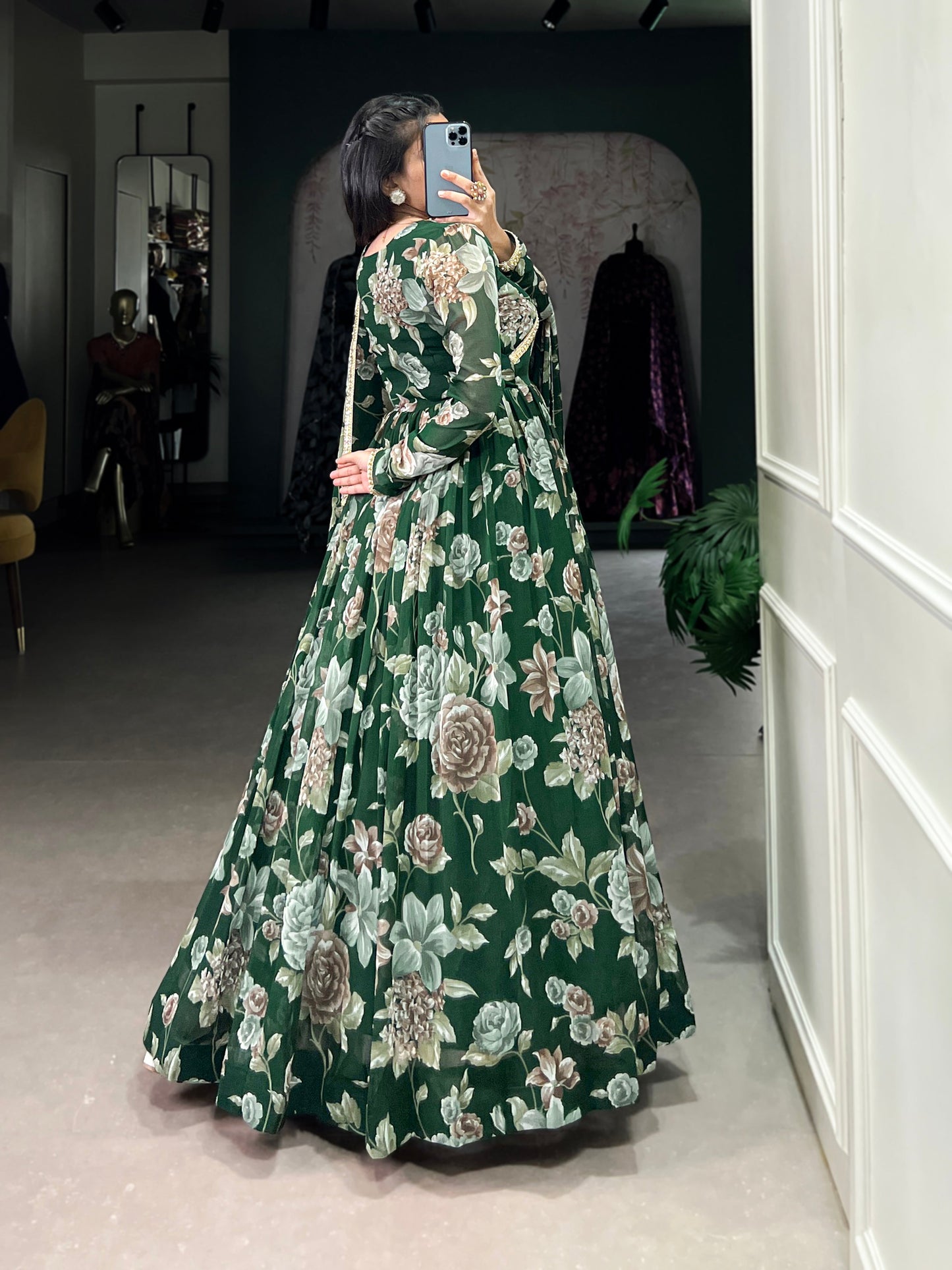 Lorenvalley Green Marbel Fabric Floral Print With Lace Touch Up Gown with Dupatta