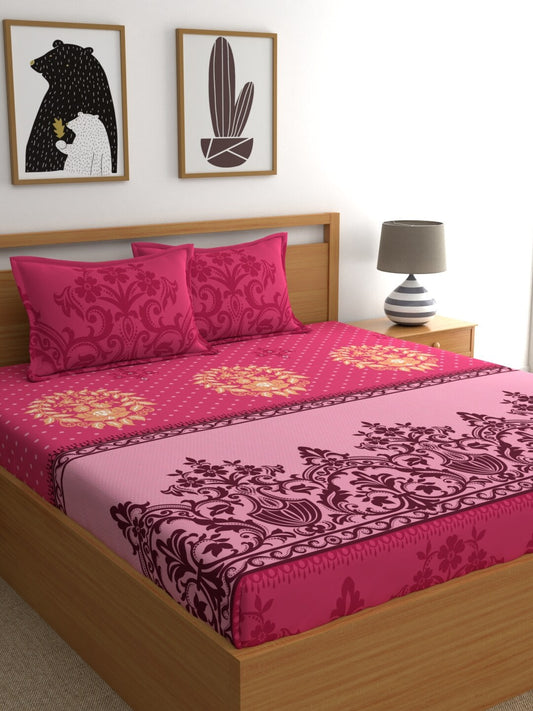 Dreamscape Pink & Cream-Coloured 140 TC Pure Cotton King Bedsheet with 2 Pillow Covers