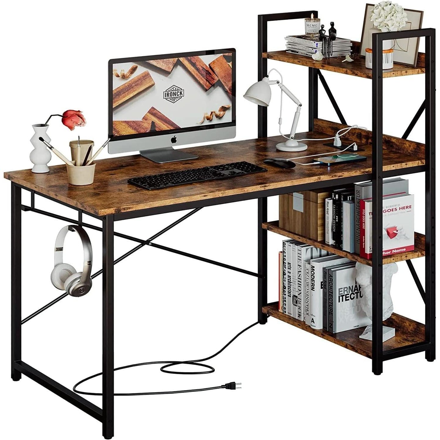 Rustic Brown Desk With Built In Power And Spacious Storage For Home Office