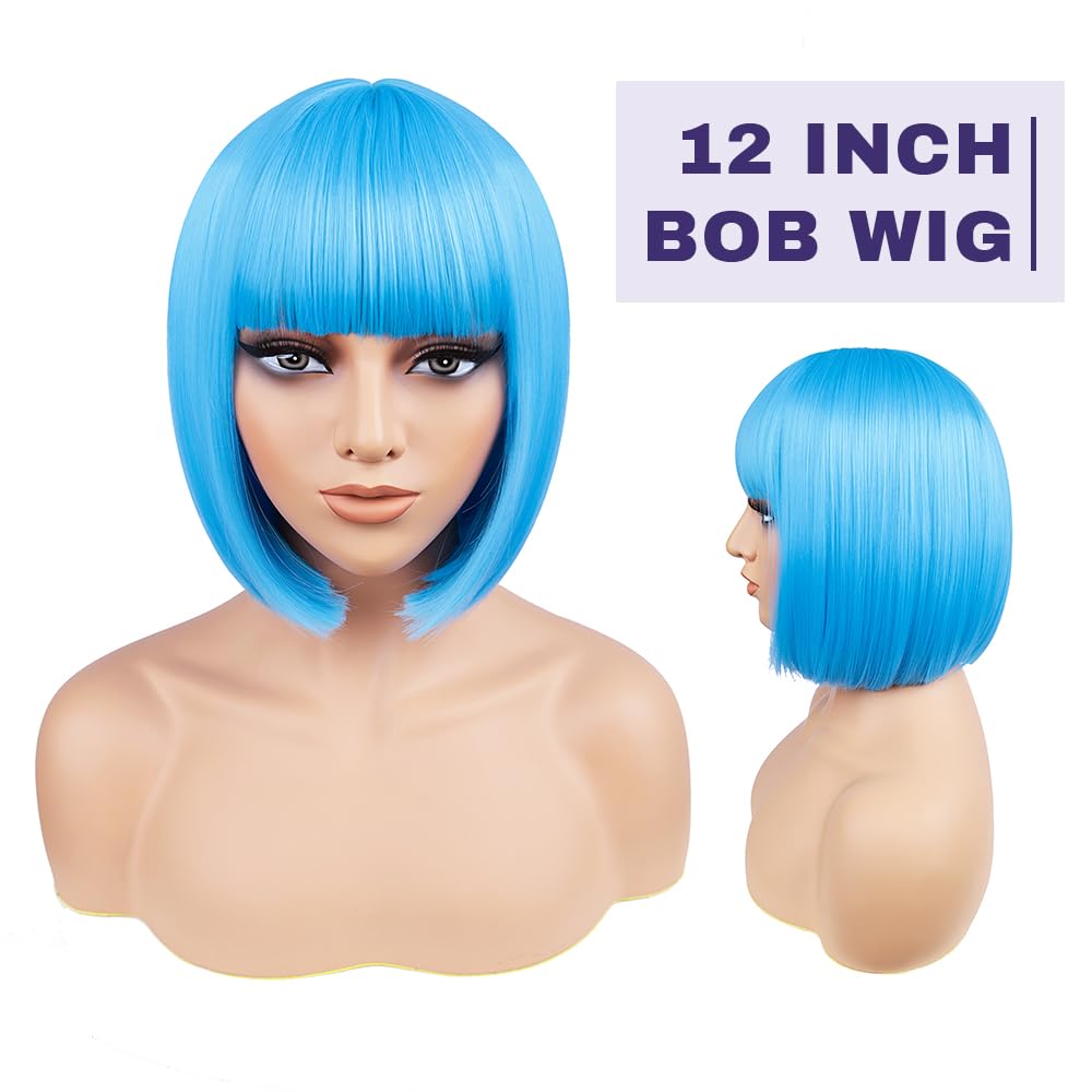 BATISI 12in Short Straight Bob Wig Neon Blue Synthetic Flat Bangs