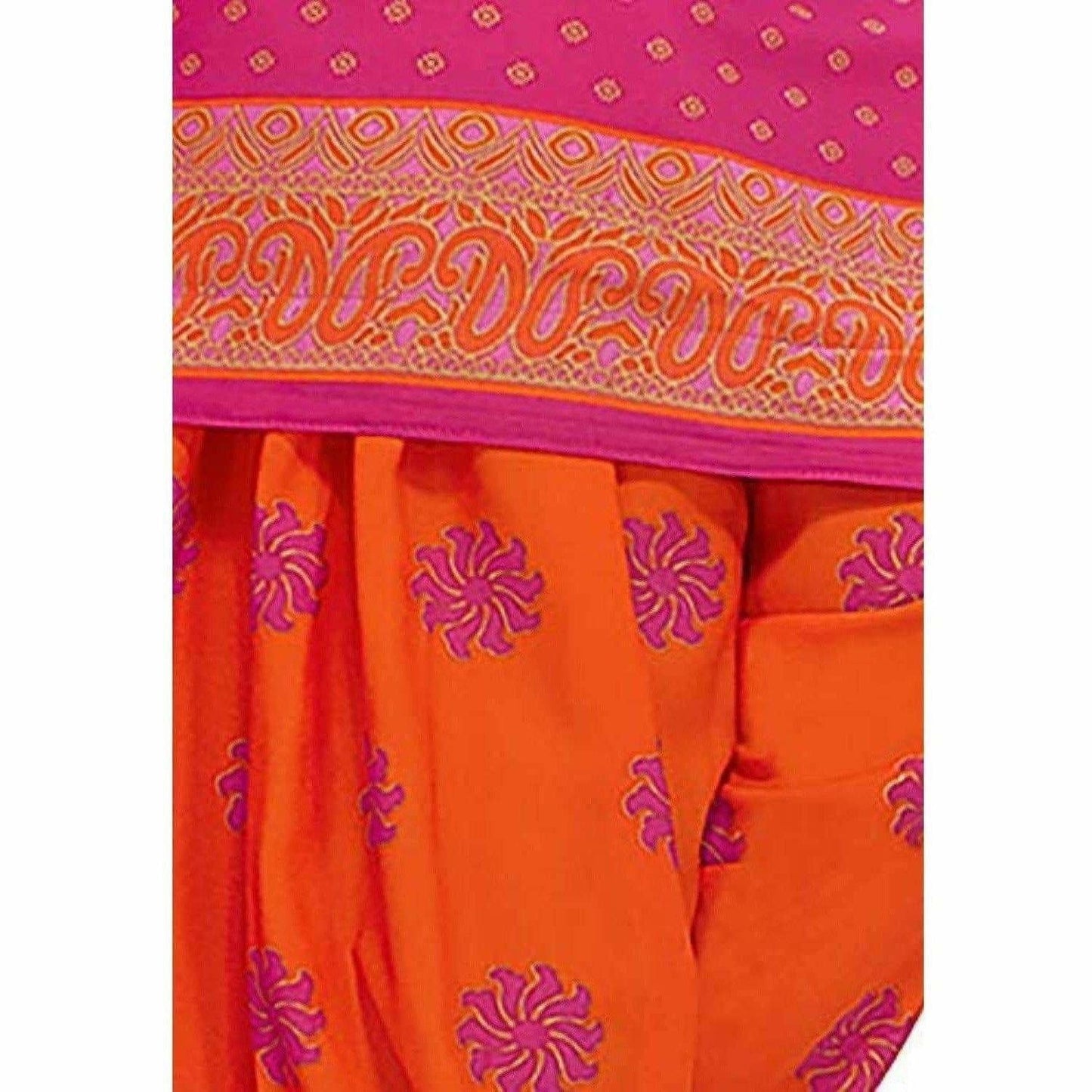 Synthetic Pink & Orange Printed Unstitched Salwar Suits Dress Material with Dupatta