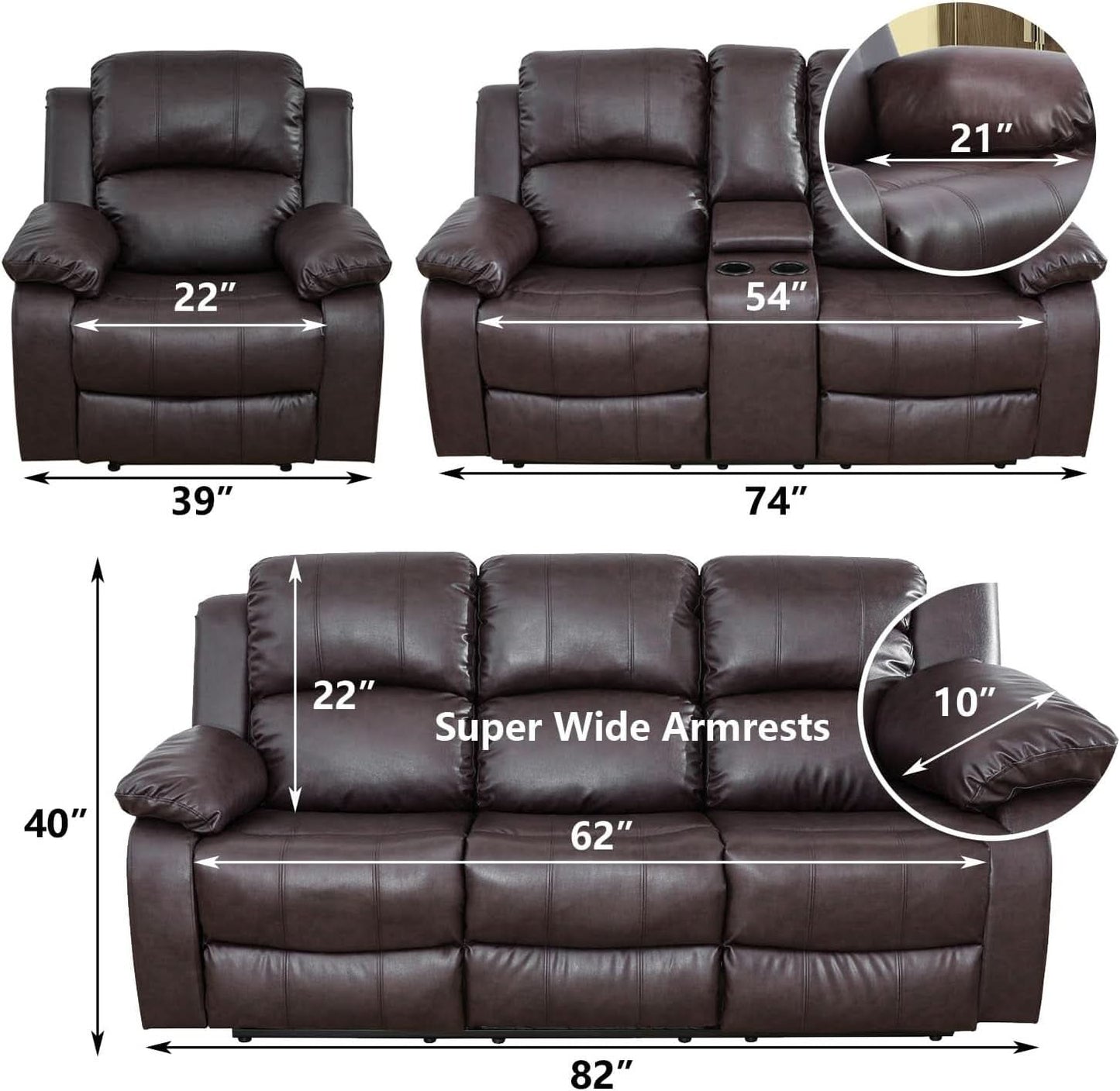 Brown Faux Leather Reclining Living Room Set Sofa Loveseat Chair