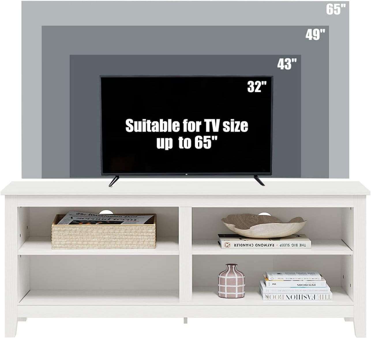 65 Inch TV Stand With Open Storage Shelves White Cabinet