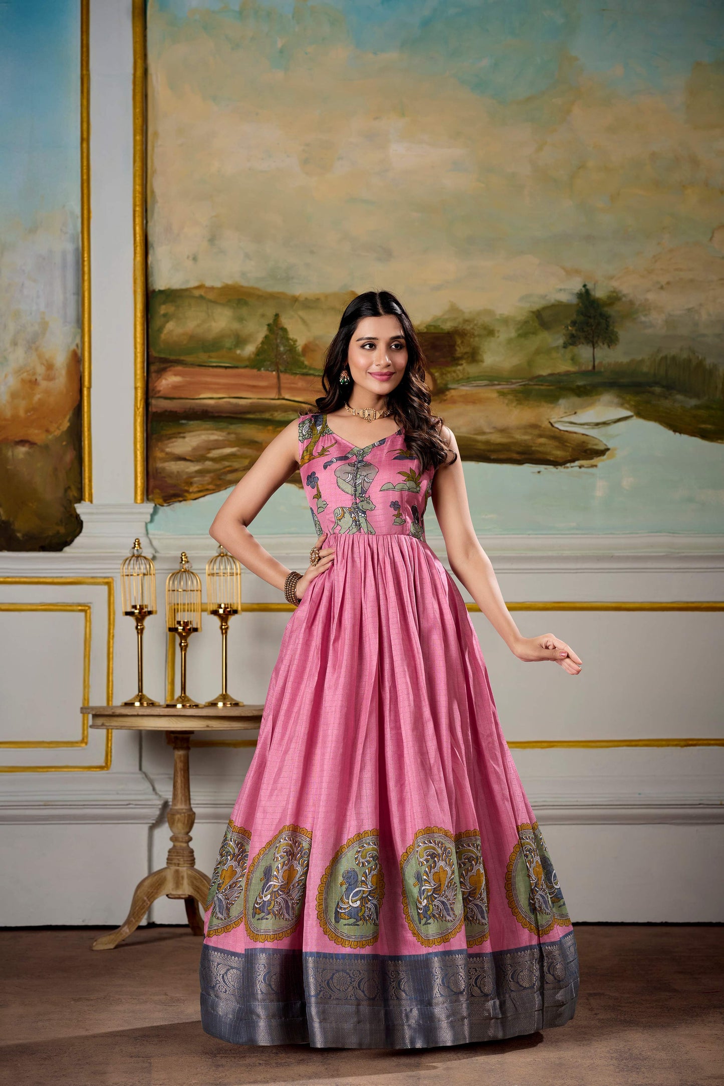 Lorenvalley Fashion Pink and Grey Dola Silk Kalamkari Print With Zari Weaving Broder Gown with Koti