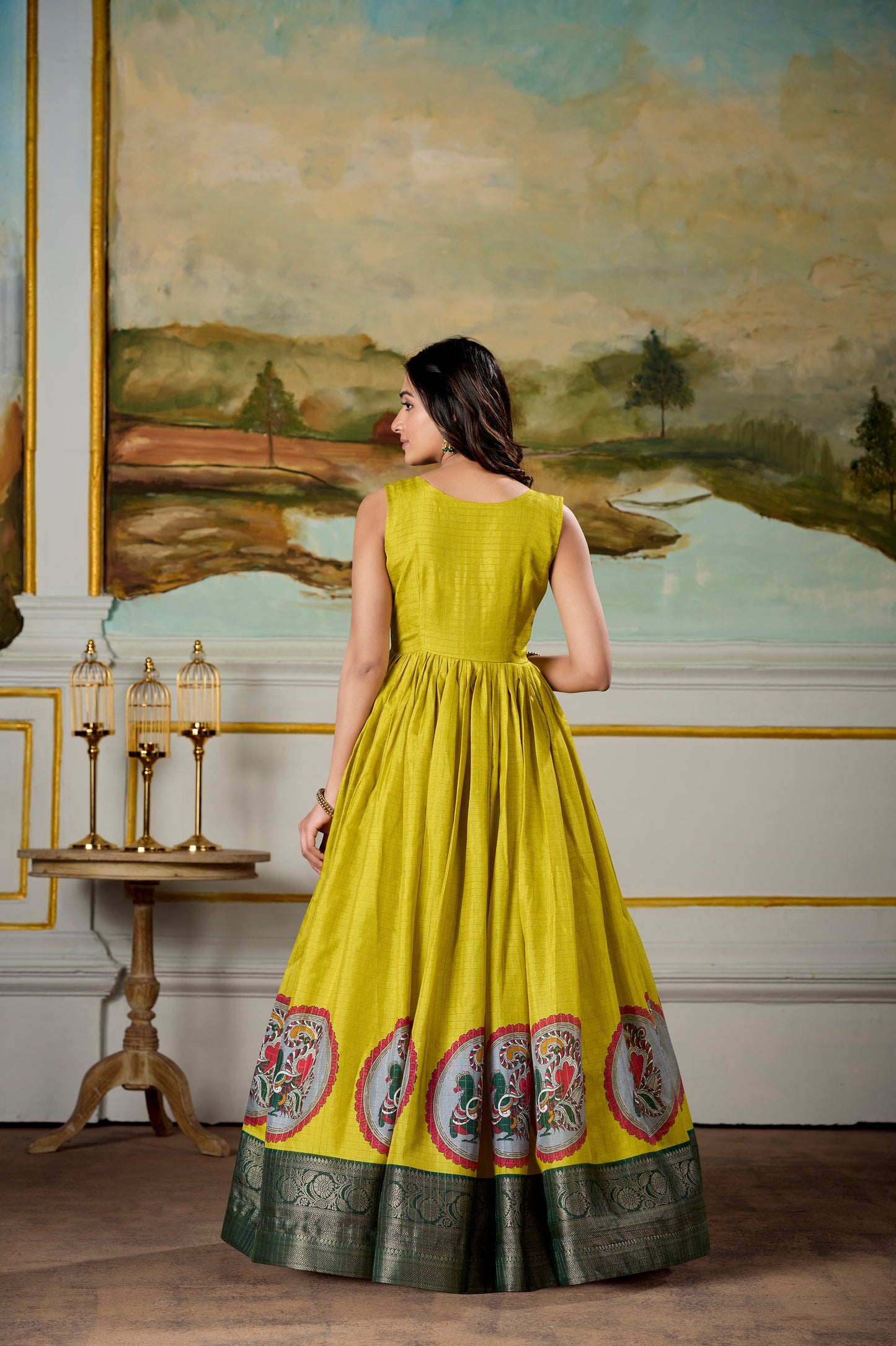 Lorenvalley Fashion Parrot and Green Dola Silk Kalamkari Print With Zari Weaving Broder Gown with Koti