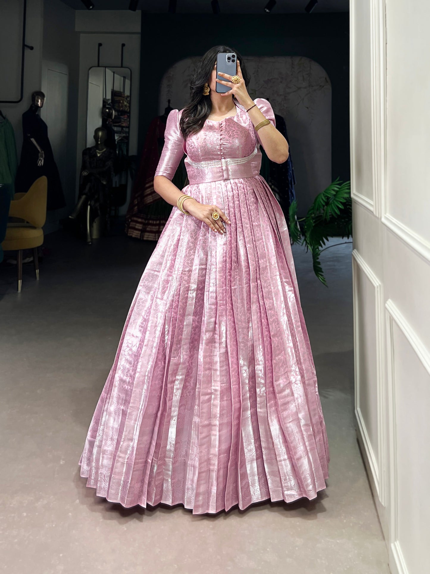 Lorenvalley Fashion Pink Kanjivaram Zari Weaving Work With Lace Touch Up Gown with Koti