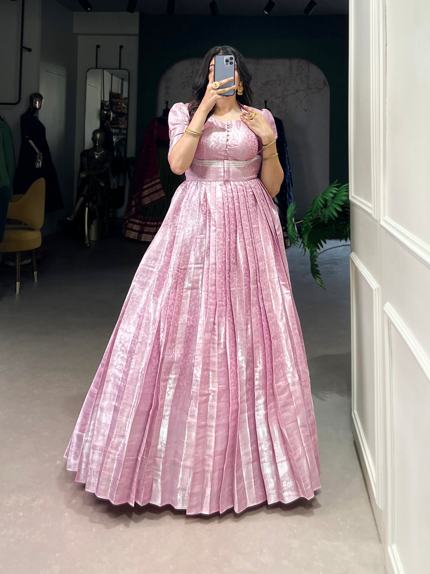 Lorenvalley Fashion Pink Kanjivaram Zari Weaving Work With Lace Touch Up Gown with Koti