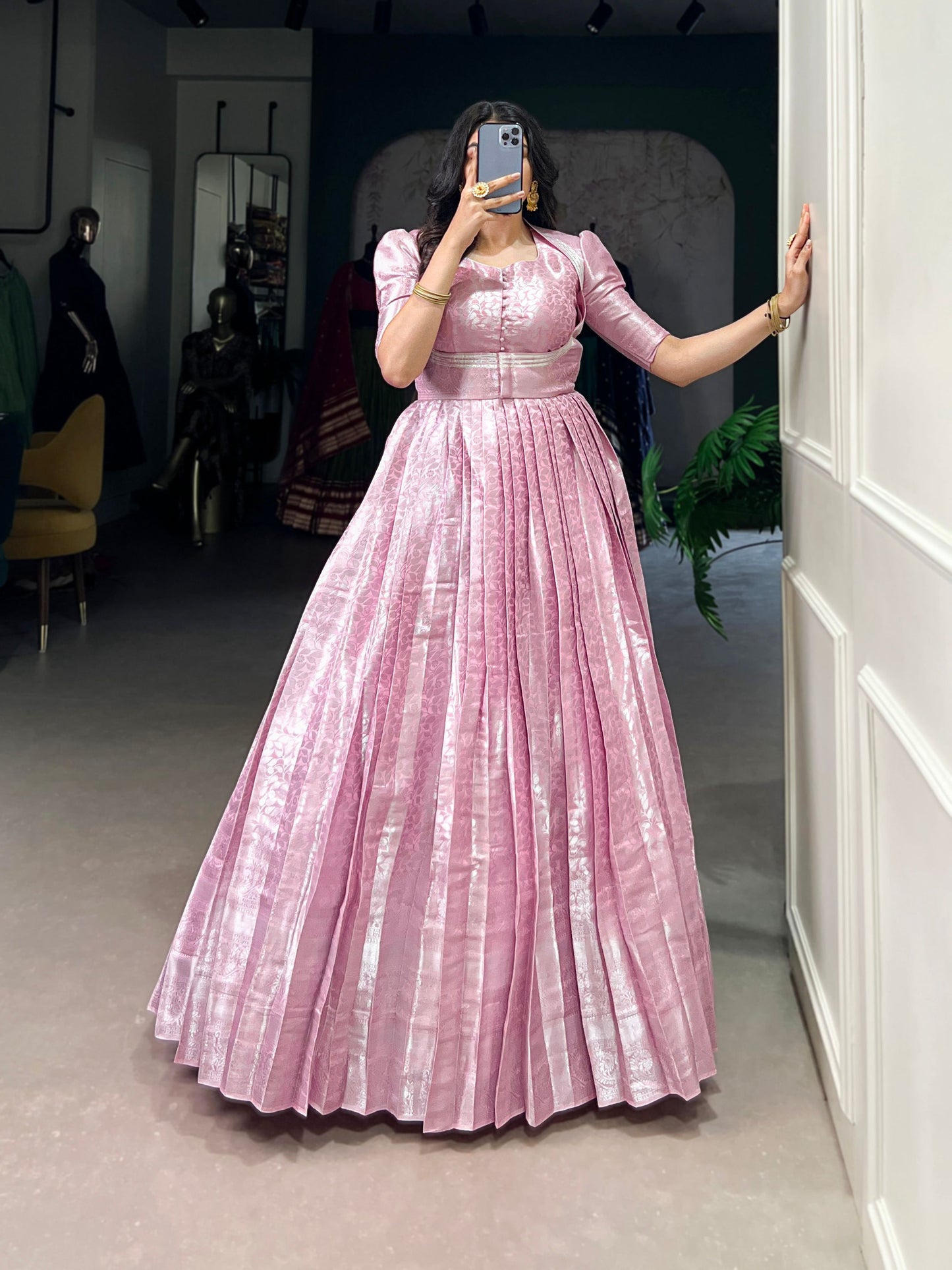 Lorenvalley Fashion Pink Kanjivaram Zari Weaving Work With Lace Touch Up Gown with Koti