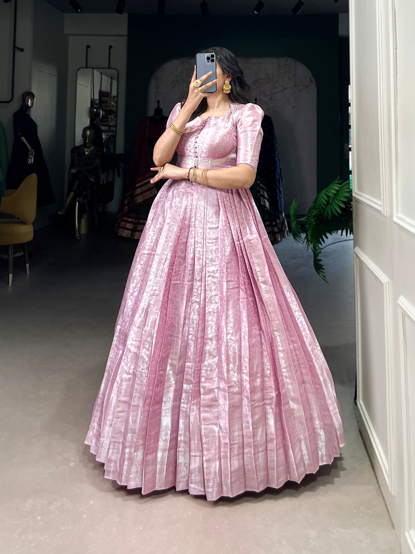 Lorenvalley Fashion Pink Kanjivaram Zari Weaving Work With Lace Touch Up Gown with Koti