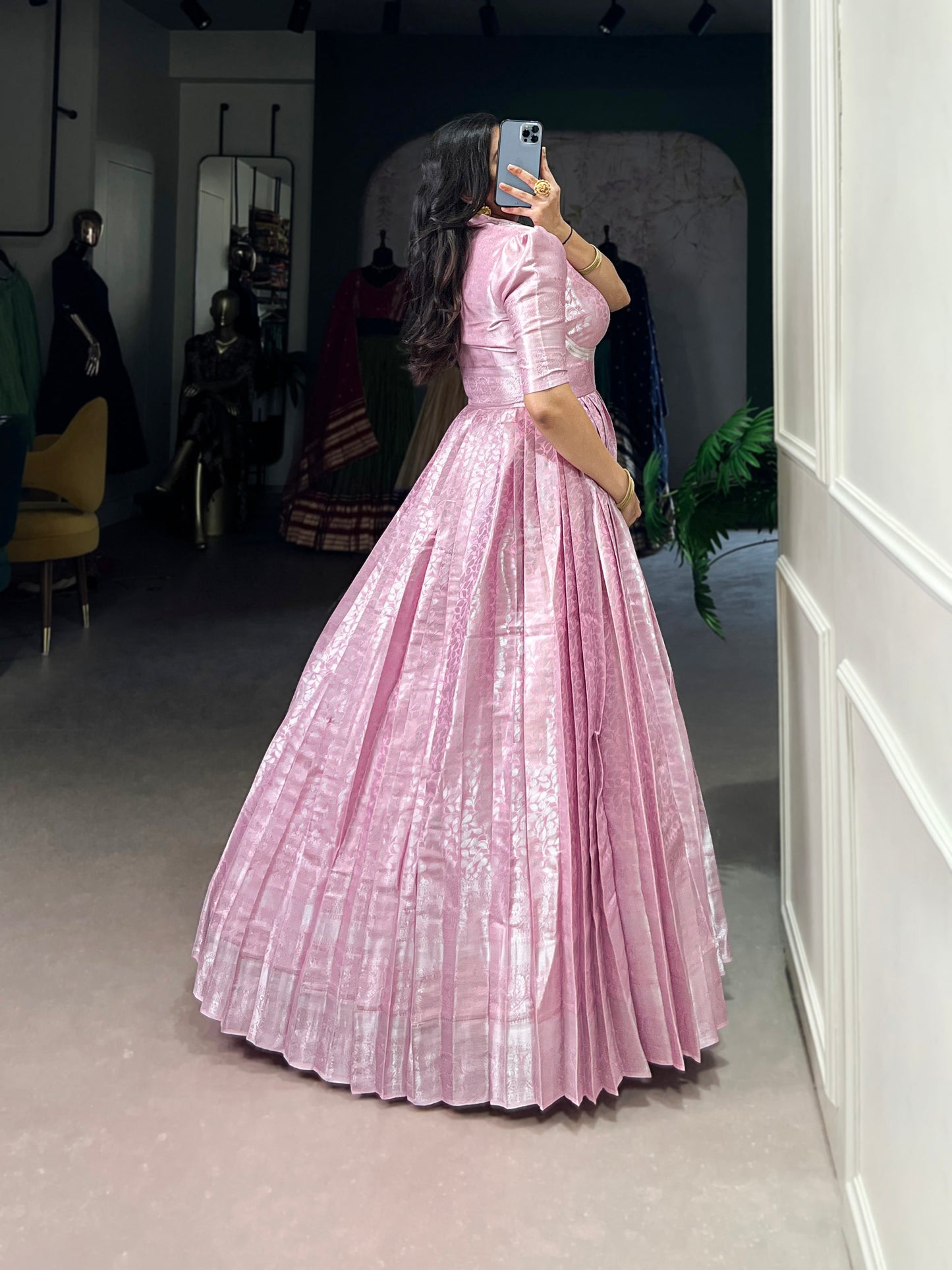 Lorenvalley Fashion Pink Kanjivaram Zari Weaving Work With Lace Touch Up Gown with Koti