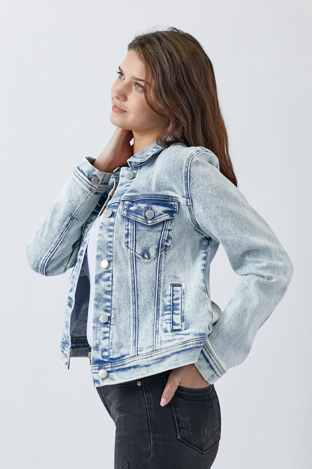 Button Up Washed Jacket Blue Classic Buttoned Jacket With Pocket Detail For Women