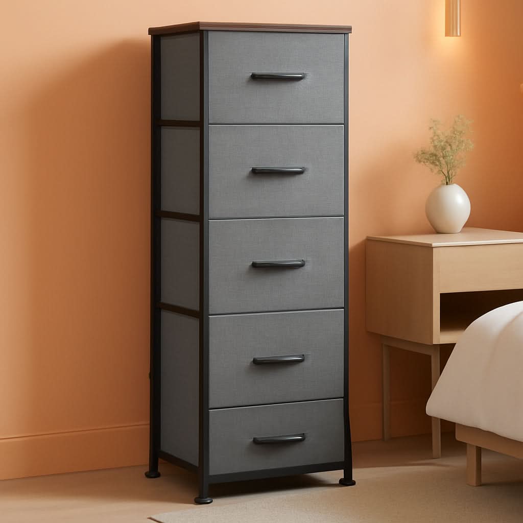 Dark Grey Fabric Dresser 5 Drawer Tall Storage Unit